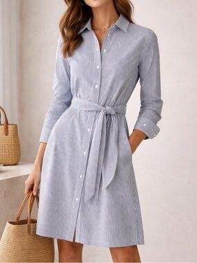 J. Crew Blue White Striped Button-Front Shirt Dress with Tie Belt Sz 8